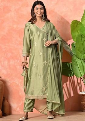 Green Embroidered Blended Kurta Set