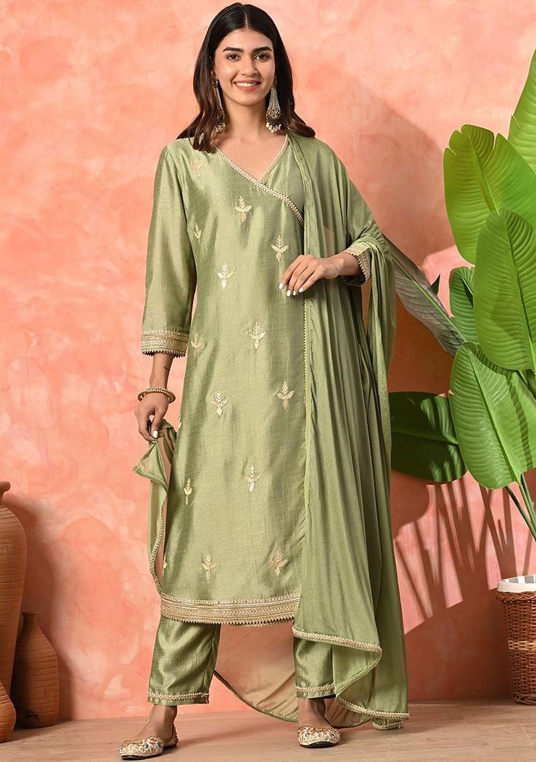 Green Embroidered Blended Kurta Set - Indya
