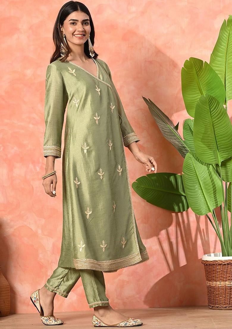 Green Embroidered Blended Kurta Set - Indya