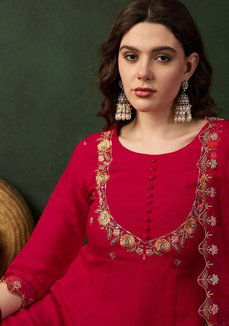 Red Embroidered Blended Kurta Set - Indya