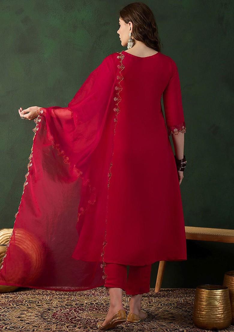 Red Embroidered Blended Kurta Set - Indya