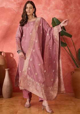 Pink Woven Design Blended Kurta Set