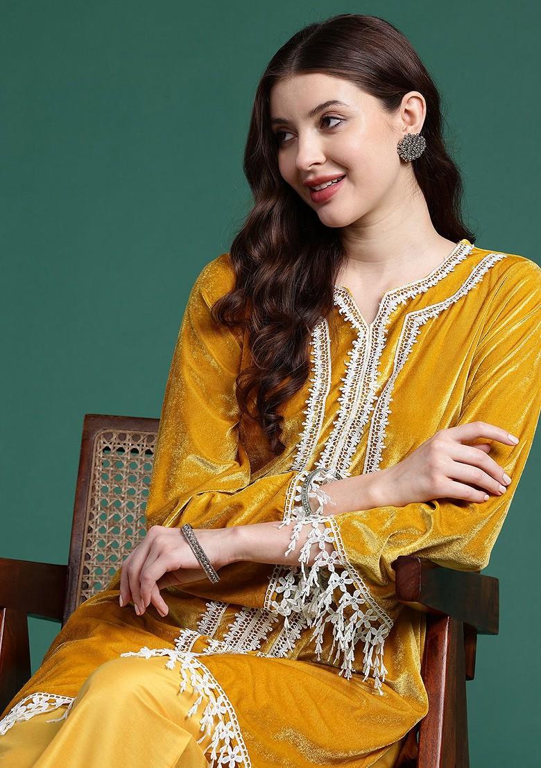 Mustard Embroidered Blended Kurta Set - Indya