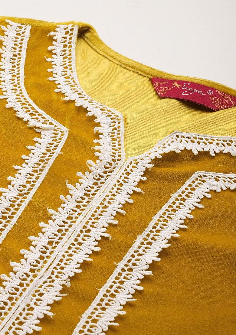 Mustard Embroidered Blended Kurta Set - Indya