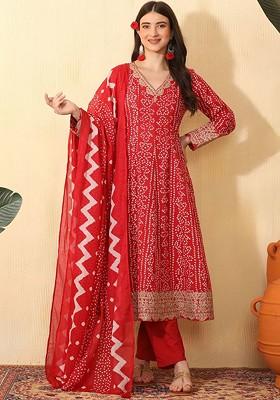 Red Printed Blended Kurta Set
