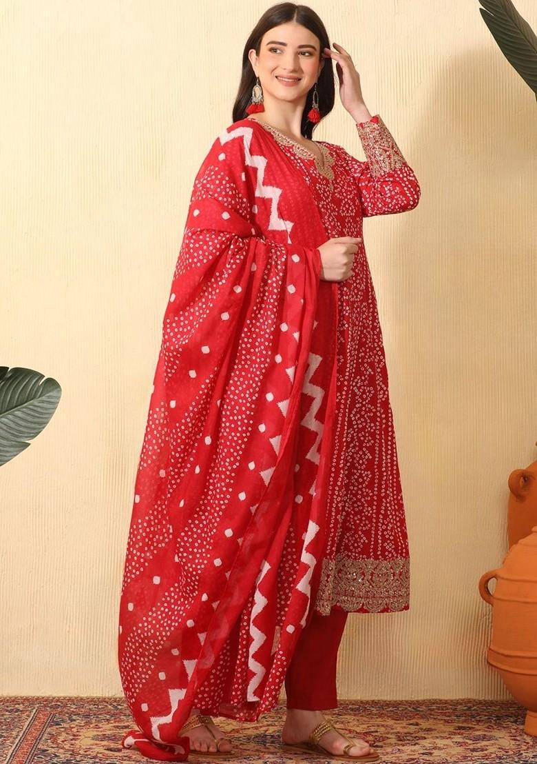 Red Printed Blended Kurta Set - Indya