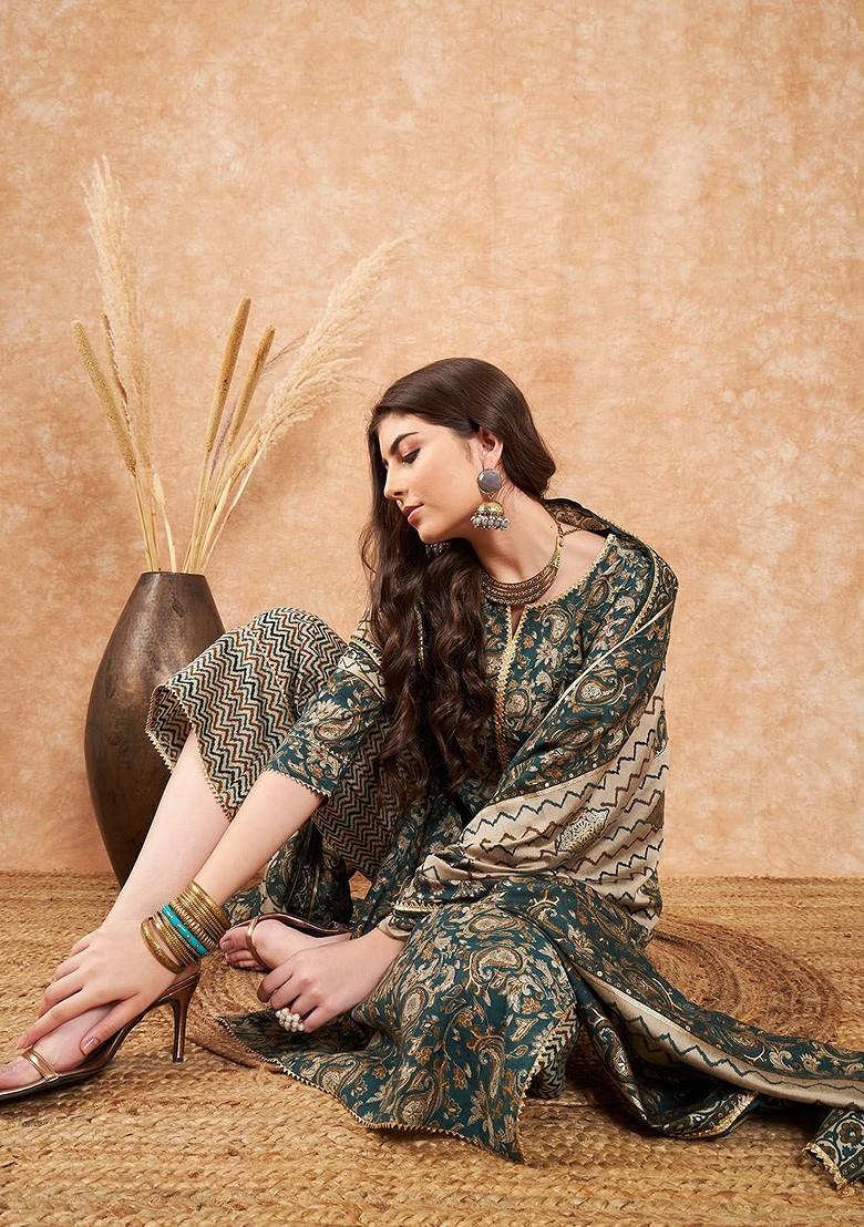 Green Printed Blended Kurta Set - Indya