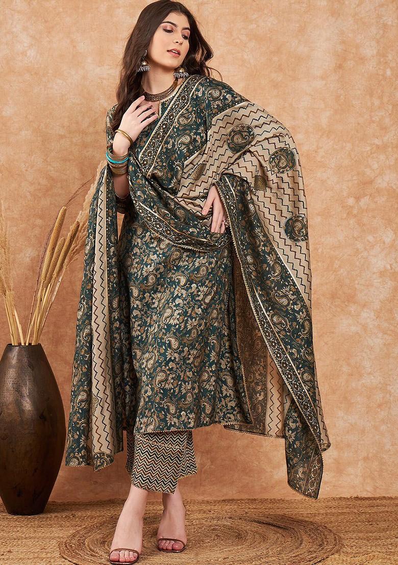 Green Printed Blended Kurta Set - Indya