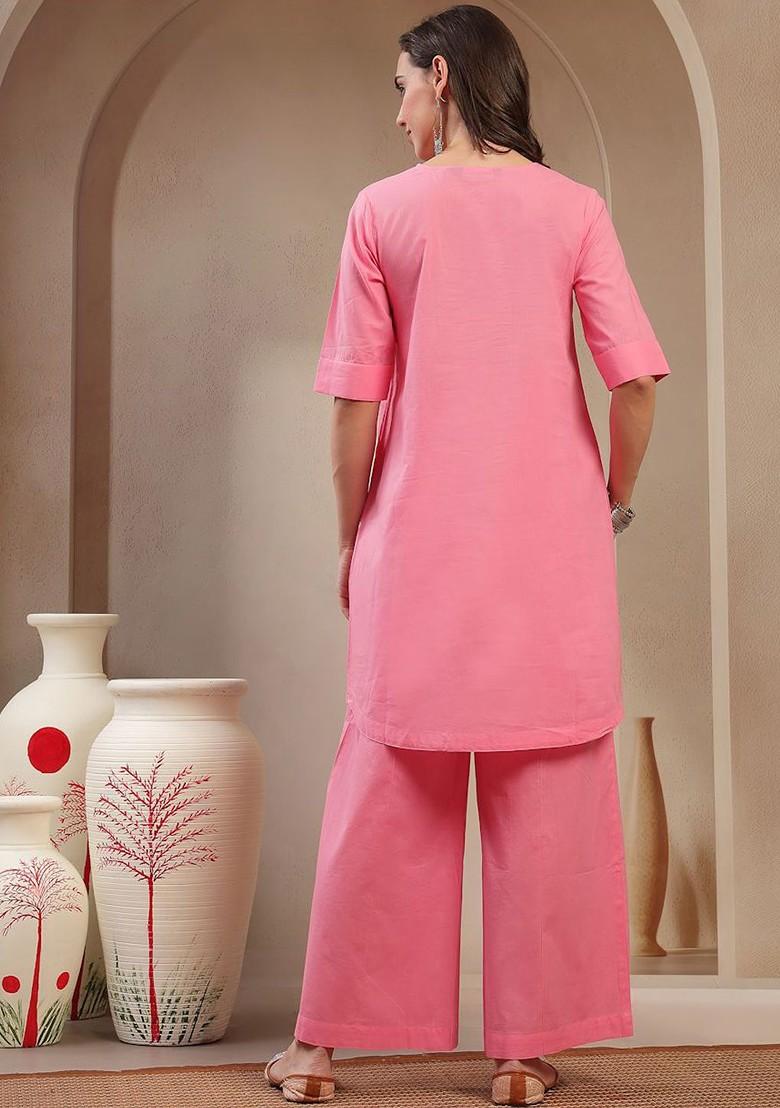 Pink Embroidered Blended Kurta Set - Indya