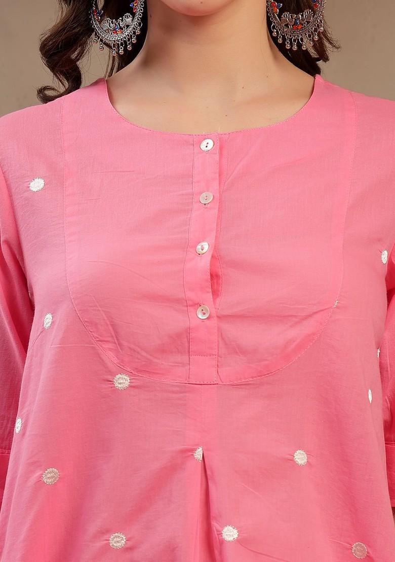 Pink Embroidered Blended Kurta Set - Indya
