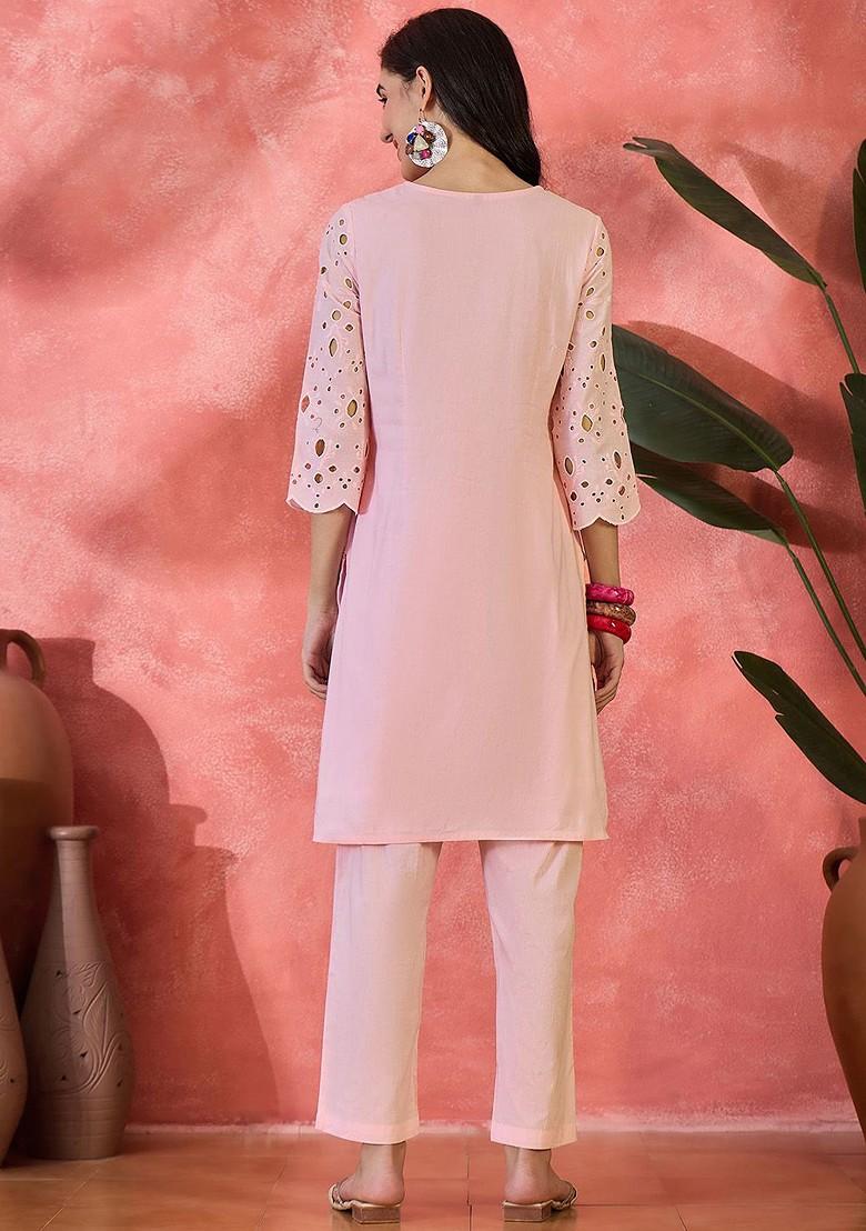 Pink Self Design Blended Kurta Set - Indya