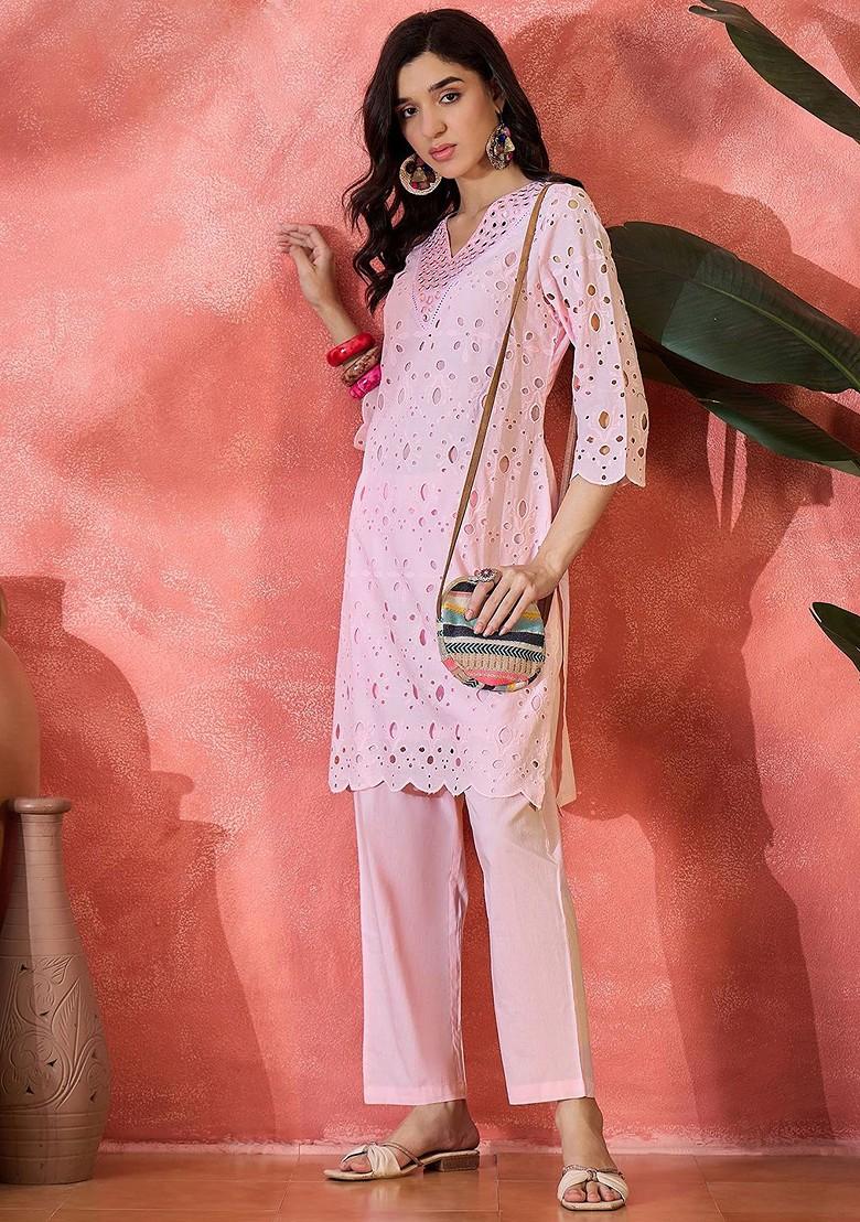 Pink Self Design Blended Kurta Set - Indya