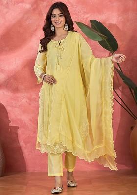 Yellow Embroidered Blended Kurta Set