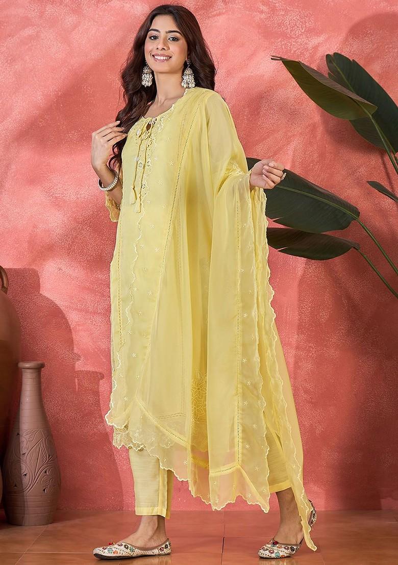 Yellow Embroidered Blended Kurta Set - Indya