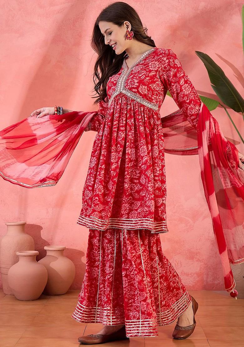 Red Printed Blended Kurta Set - Indya