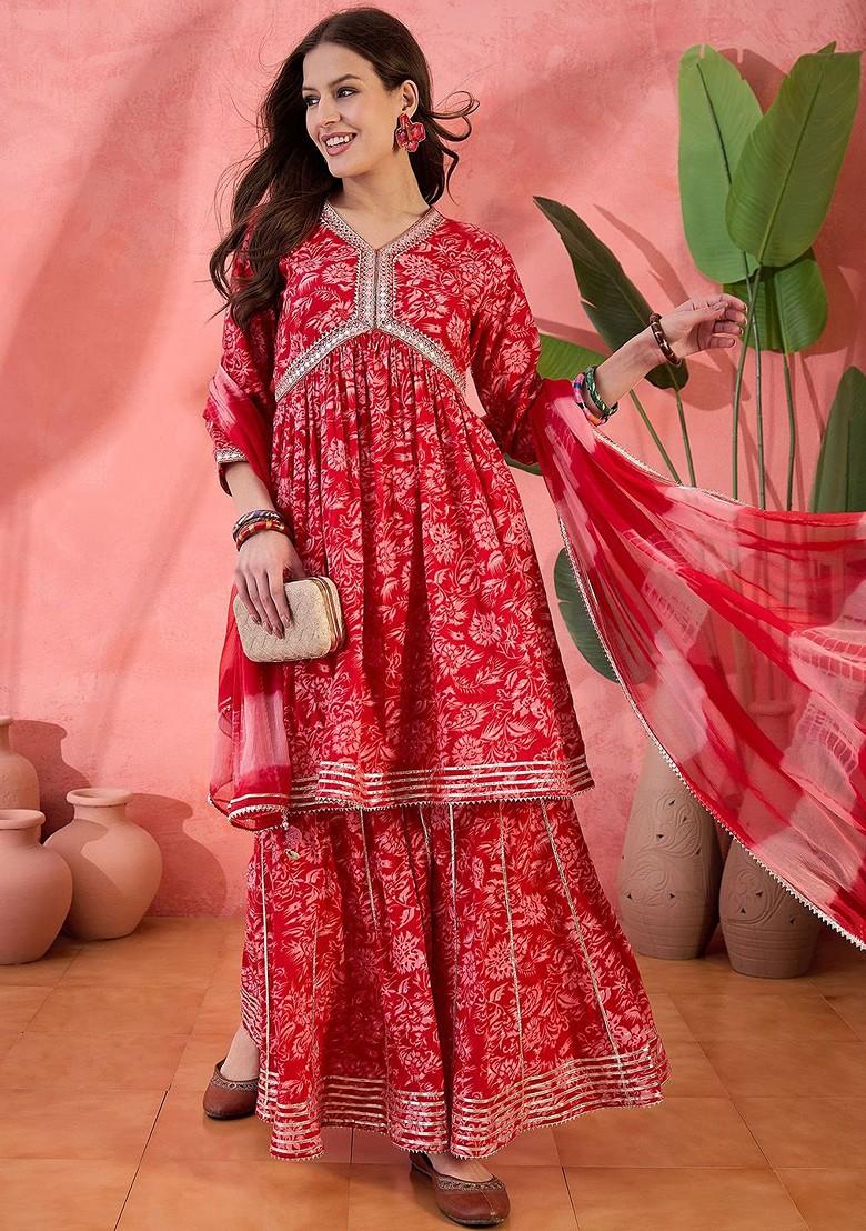 Red Printed Blended Kurta Set - Indya
