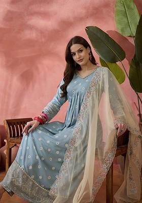 Blue Printed Blended Kurta Set