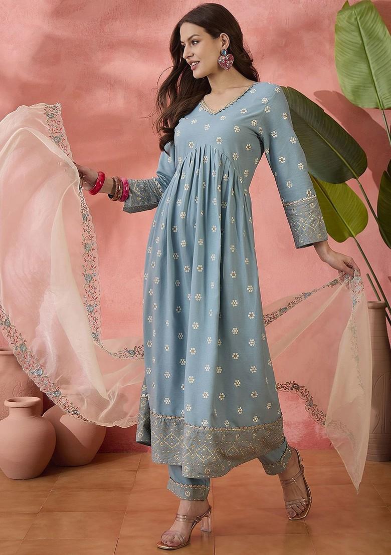 Blue Printed Blended Kurta Set - Indya