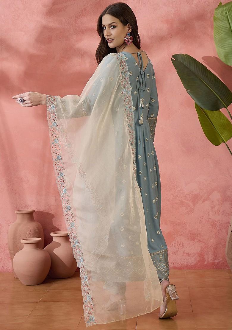 Blue Printed Blended Kurta Set - Indya