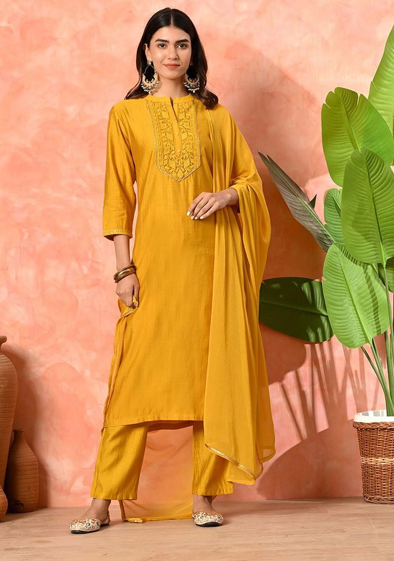 Mustard Embroidered Blended Kurta Set - Indya