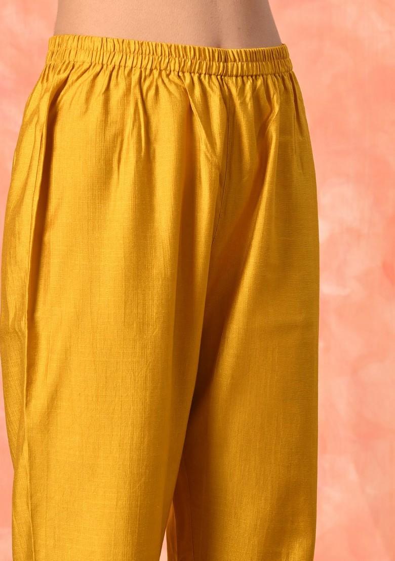 Mustard Embroidered Blended Kurta Set - Indya