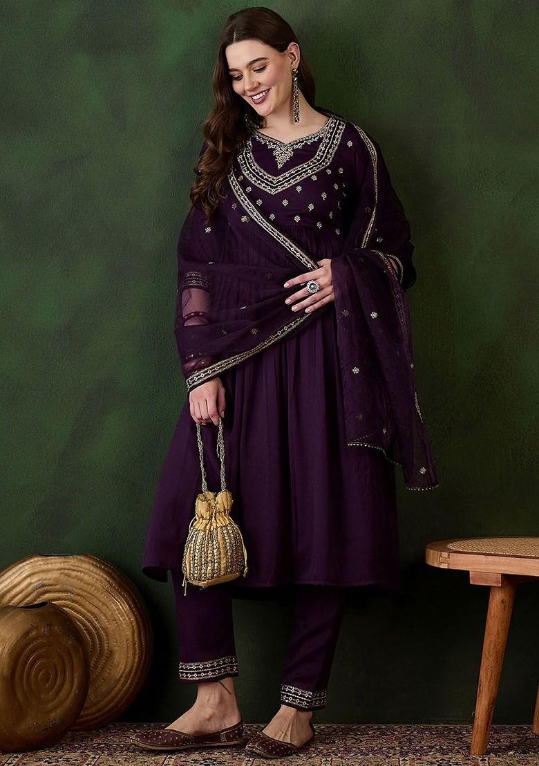 Purple Embroidered Blended Kurta Set - Indya