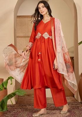 Orange Embroidered Blended Kurta Set
