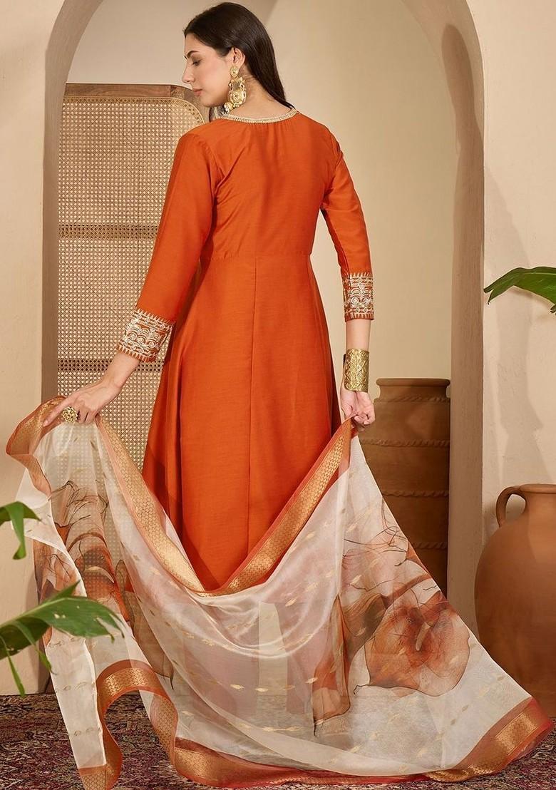 Orange Embroidered Blended Kurta Set - Indya