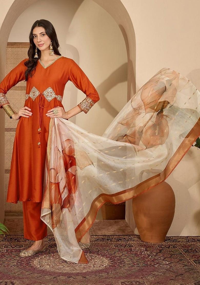Orange Embroidered Blended Kurta Set - Indya