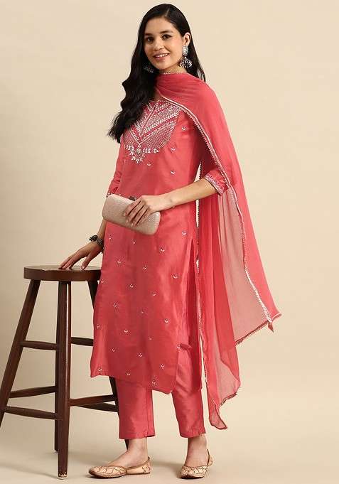 Coral Embroidered Blended Kurta Set
