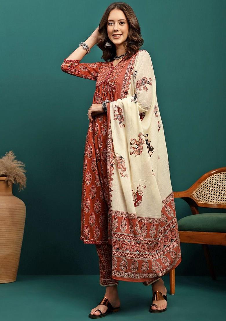 Brown Printed Blended Kurta Set - Indya