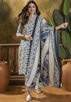 Blue Printed Blended Kurta Set