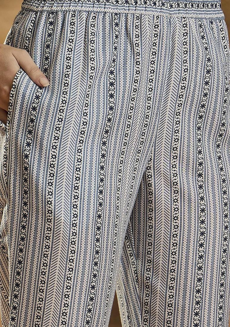 Blue Printed Blended Kurta Set - Indya