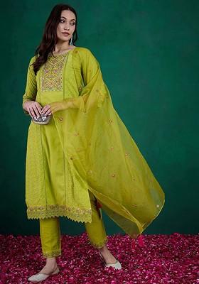 Lime Green Embroidered Blended Kurta Set