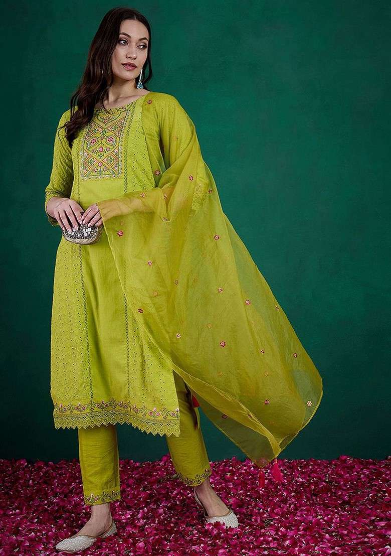Lime Green Embroidered Blended Kurta Set - Indya