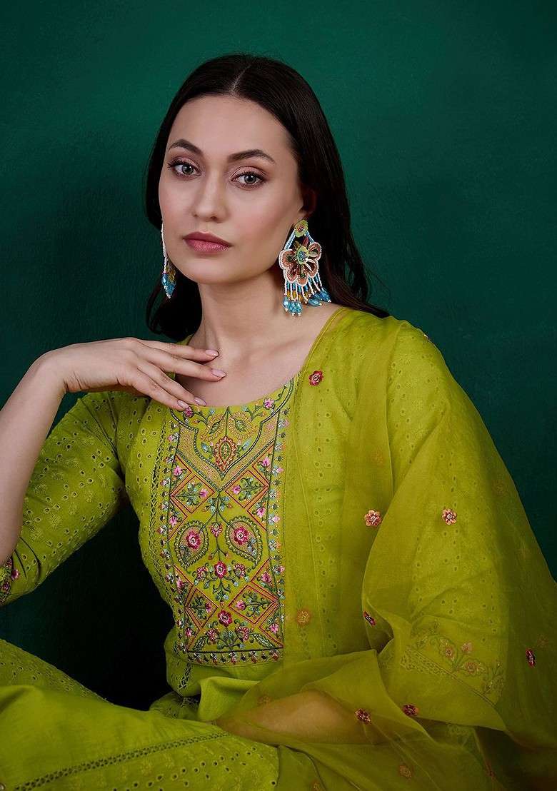 Lime Green Embroidered Blended Kurta Set - Indya