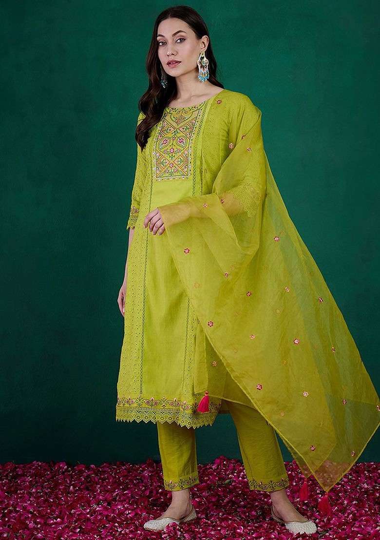 Lime Green Embroidered Blended Kurta Set - Indya