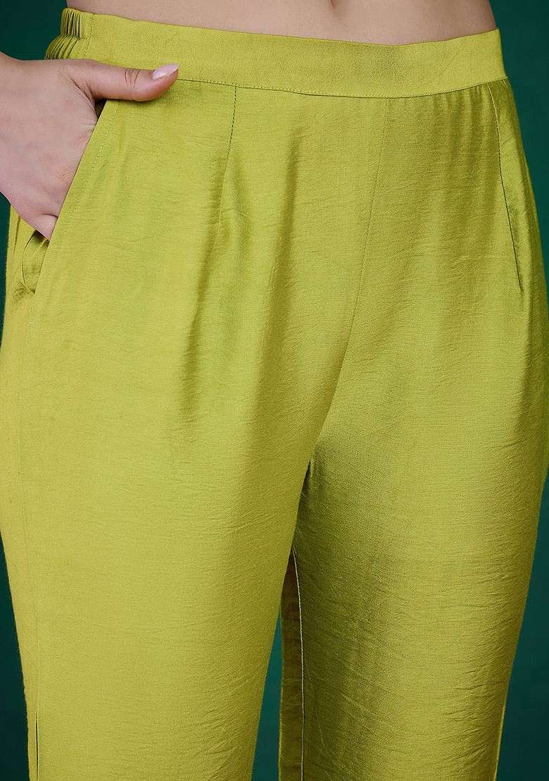 Lime Green Embroidered Blended Kurta Set - Indya