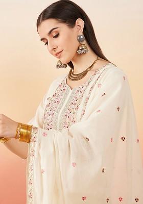 Off White Embroidered Blended Kurta Set