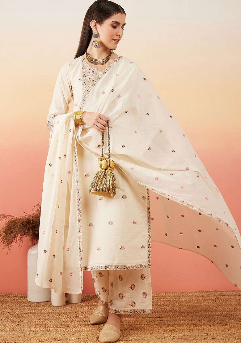 Off White Embroidered Blended Kurta Set - Indya