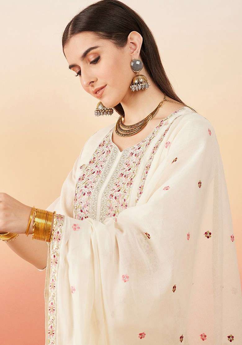 Off White Embroidered Blended Kurta Set - Indya