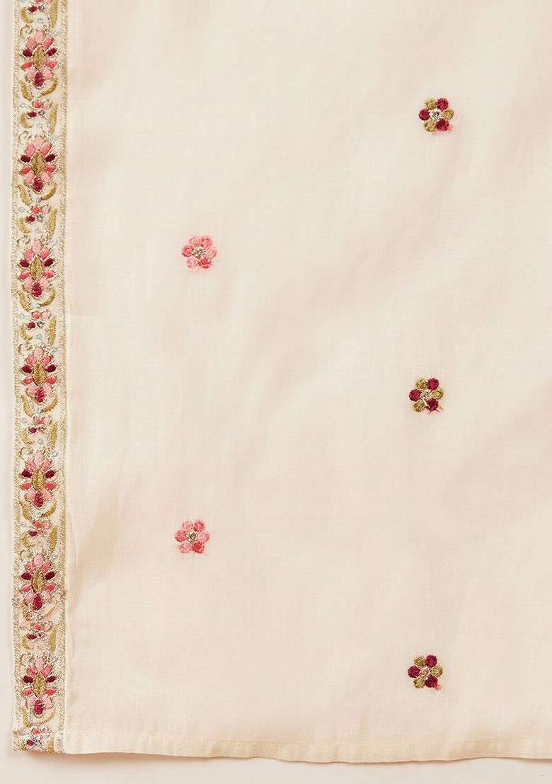 Off White Embroidered Blended Kurta Set - Indya