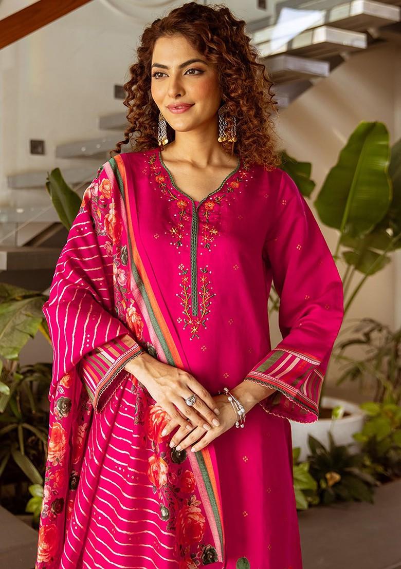 Pink Printed Blended Kurta Set - Indya