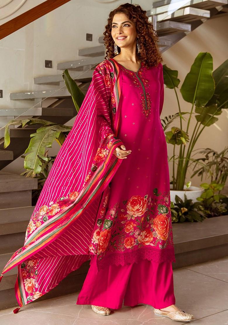 Pink Printed Blended Kurta Set - Indya