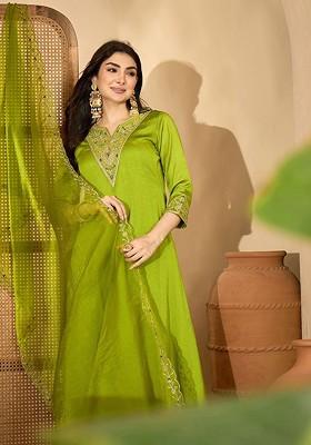 Green Embroidered Blended Kurta Set