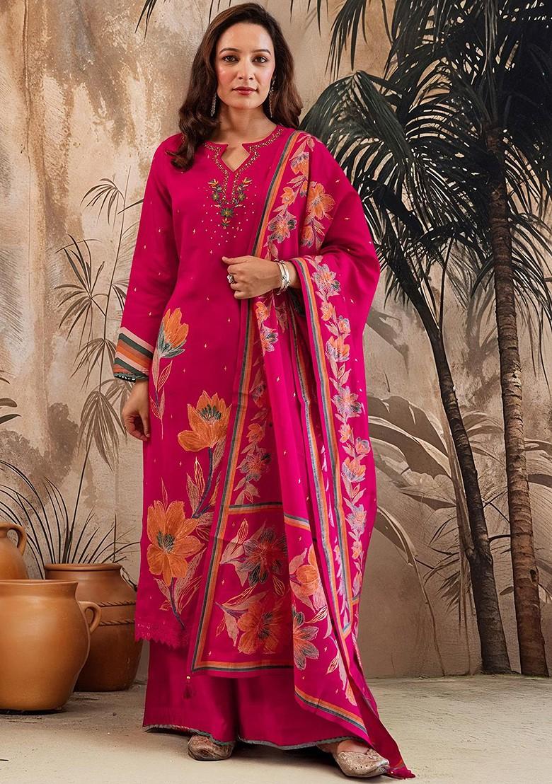 Pink Embroidered Blended Kurta Set - Indya