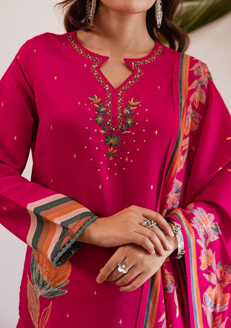 Pink Embroidered Blended Kurta Set - Indya
