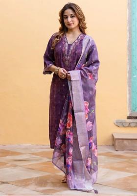 Purple Printed Blended Kurta Set