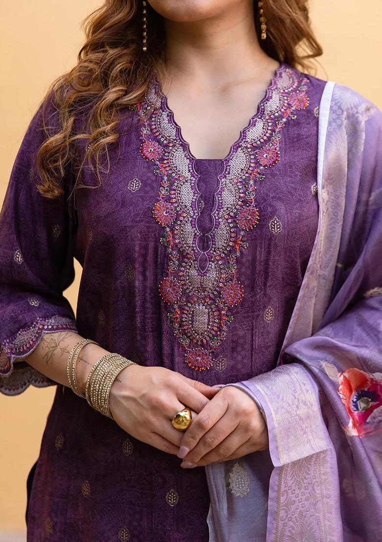 Purple Printed Blended Kurta Set - Indya