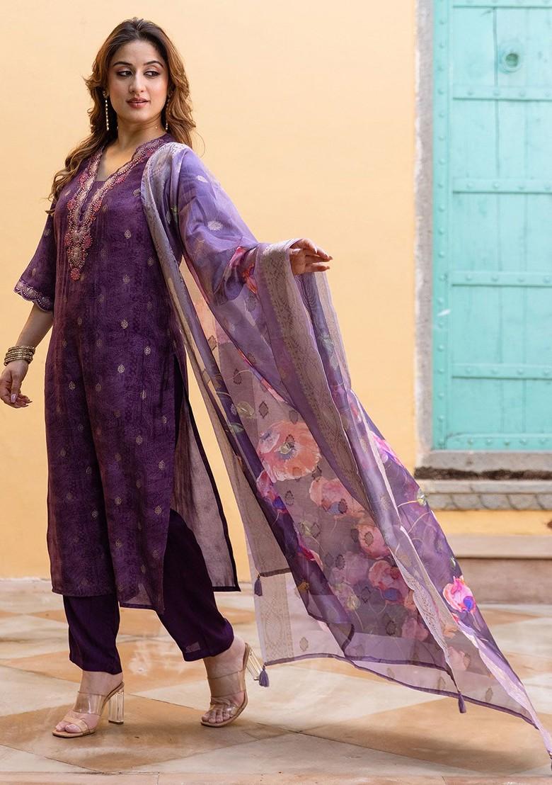 Purple Printed Blended Kurta Set - Indya